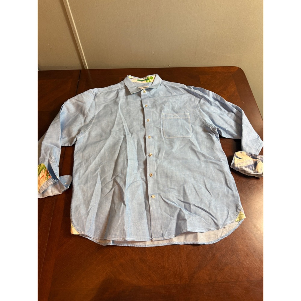 Tommy Bahama Mens XL Blue White Striped Linen Tencel Long Sleeve Button Down